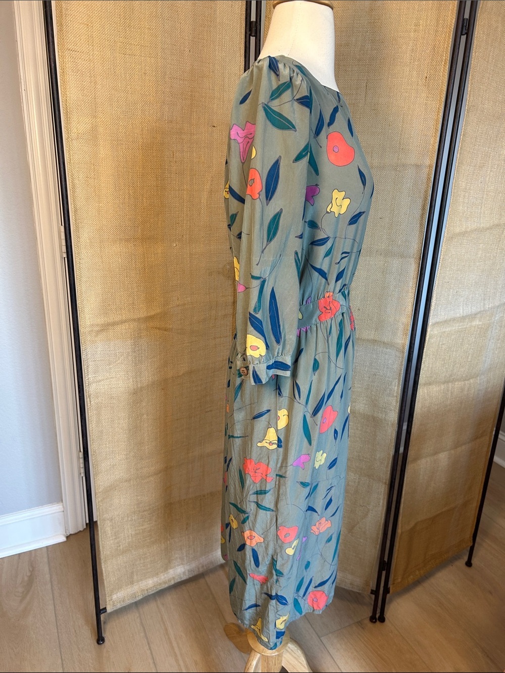 Vintage 1980s Maggy London 100% silk dress fall Floral Print Green size 10 - Picture 6 of 16